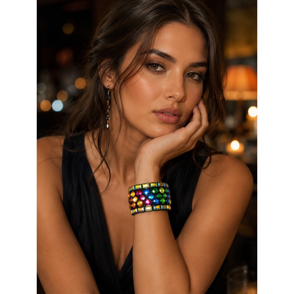 Rainbow Rhinestone Stretch Bracelet Black Plastic Wide Cuff Statement Bracelet